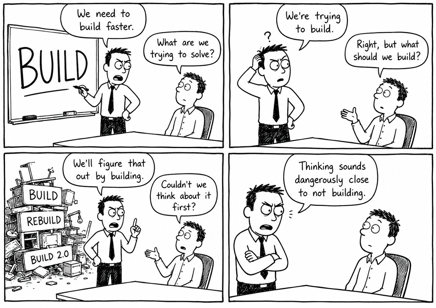 A Buildcorp comic illustrating the principles of build-driven building.